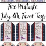 Pin image for free printable July 4th favor tags. Preview of 4 tag designs with text overlay