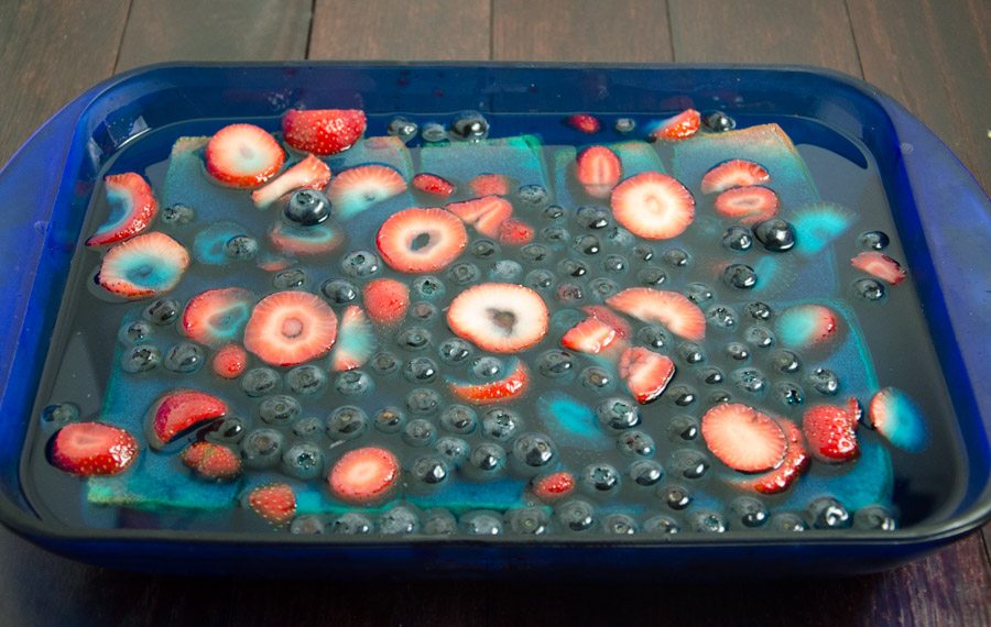 Pour blueberry jello-o, strawberry, and blueberry mixture over pound cake already soaked with strawberry jell-o. Allow to set.