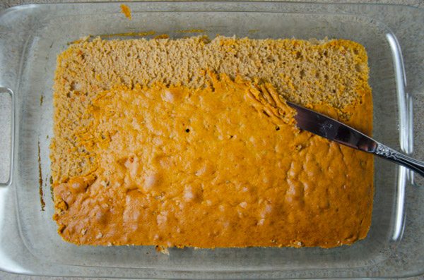 LR_Turkey Cake Pops_step1 prep-3 Cut off the edges of the cake and discard. Using a butter knife, carefully scrape off the top layer of the cake.