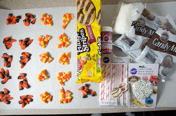 LR_Turkey Cake Pops_step2 prep-1 Ingredients to decorate: candy corns (6 for each turkey), Keebler fudge stripe cookies, lollipop sticks, candy eyes, heart-shaped sprinkles, candy melts, and paramount crystals (or shortening)