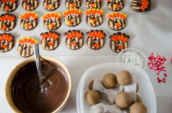 LR_Turkey Cake Pops_step2 prep-6 Melt chocolate at 50% power for 30 seconds. Stir well (even if nothing looks melted). Repeat at 20 second intervals until melted. Be very careful not to overheat.
