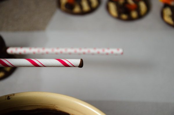 LR_Turkey Cake Pops_step3 prep-1 Start by dipping end of lollipop stick in chocolate.