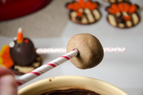 LR_Turkey Cake Pops_step3 prep-2 Stab cake pop about 3/4 of the way through with coated stick.