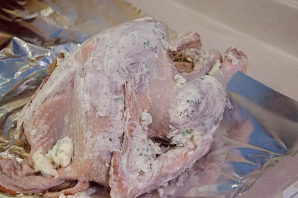 LR_Turkey, Cider Brined_prep-3 Make herb butter: blend all ingredients except salt and pepper. Spread 1/2-3/4 of butter mix under the skin. Spread the rest over the outside of the turkey. Sprinkle salt and pepper over turkey.