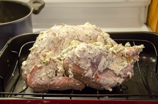 LR_Turkey, Cider Brined_prep-8 Smear excess butter all over outside of turkey. Don't worry if it's coated...most of it will drop off as it bakes.