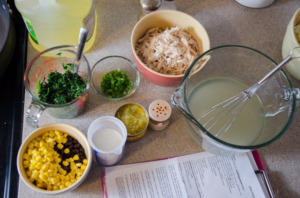 LR_White Chicken Enchiladas_prep-1 Mise en place: ingredients for chicken/spinach stuffing for White Chicken Enchiladas