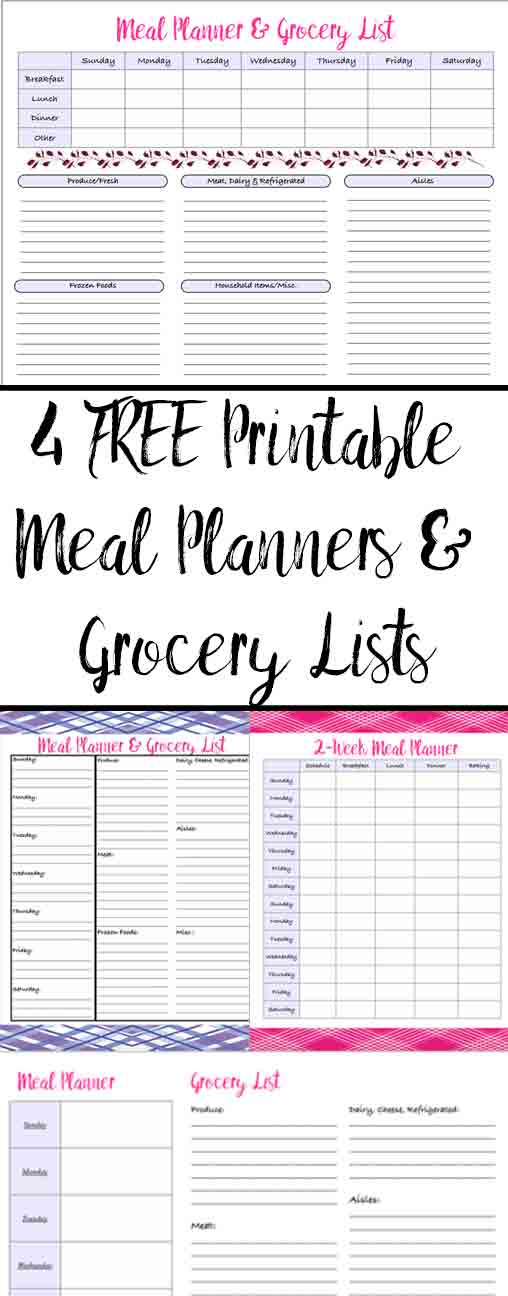 Meal Planner_Grocery List_pin Free Printable Meal Planners & Grocery Lists: 4 designs! Save time (no more extra trips to store!) & money (meal planning saves more than you can imagine!)