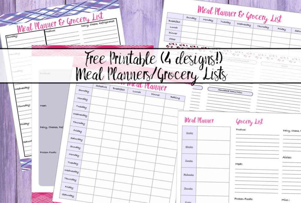 Free Printable Meal Planners & Grocery Lists: 4 designs! Save time (no more extra trips to store!) & money (meal planning saves more than you can imagine!)