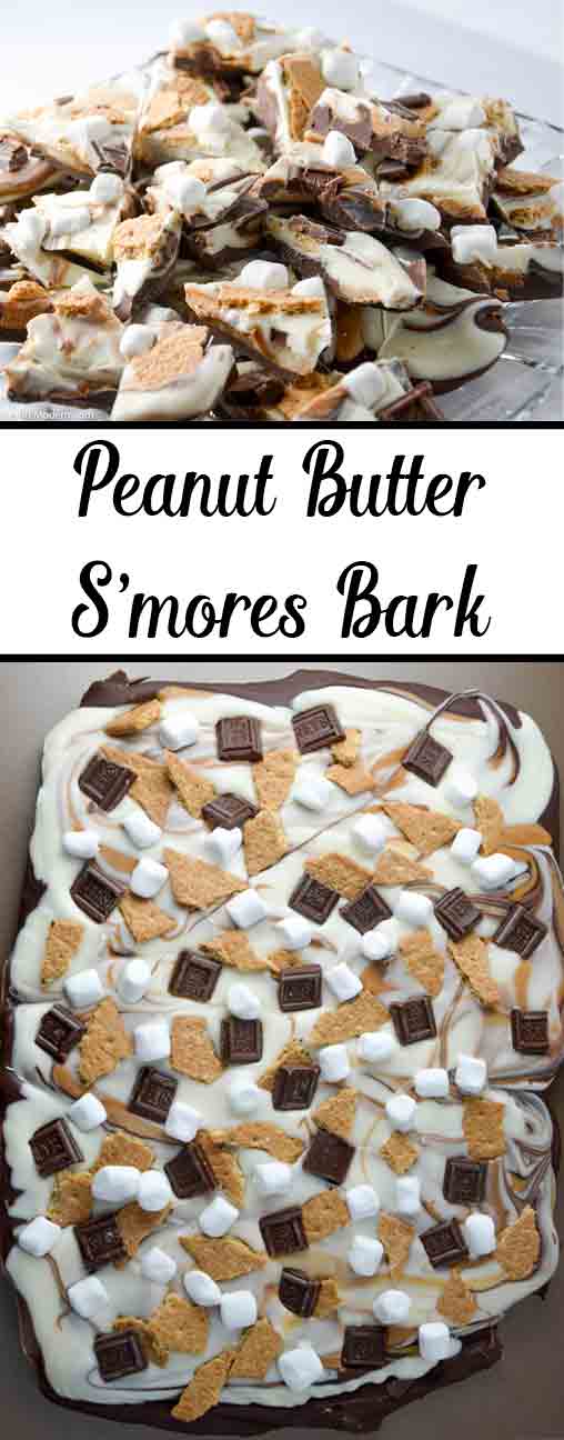 S'mores Bark_pin0 Peanut Butter S’mores bark. Yummy, amazing, and EASY. All of the taste of classic s’mores (plus a bit of peanut butter), but no need for a campfire. Easy to make…impossible to stop eating.