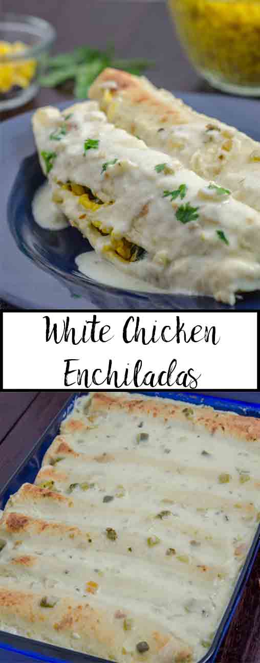 White Enchiladas_pin White Chicken Enchiladas Recipe. Enchiladas stuffed with chicken, beans, corn, and spinach covered with a creamy, delicious white sauce.