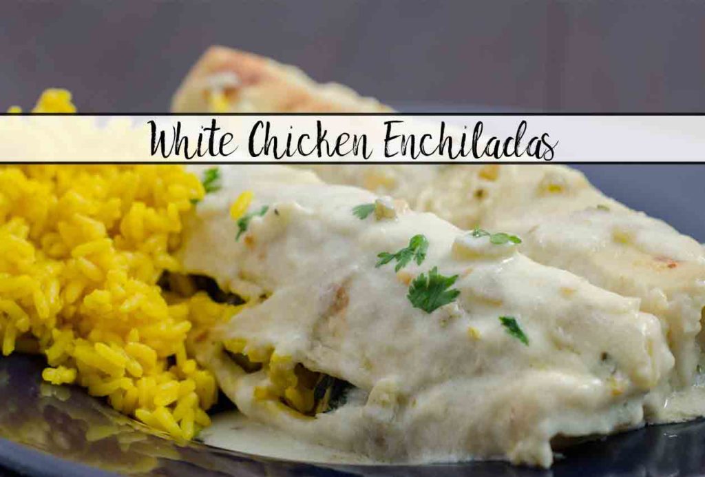 White Chicken Enchiladas Recipe. Enchiladas stuffed with chicken, beans, corn, and spinach covered with a creamy, delicious white sauce.