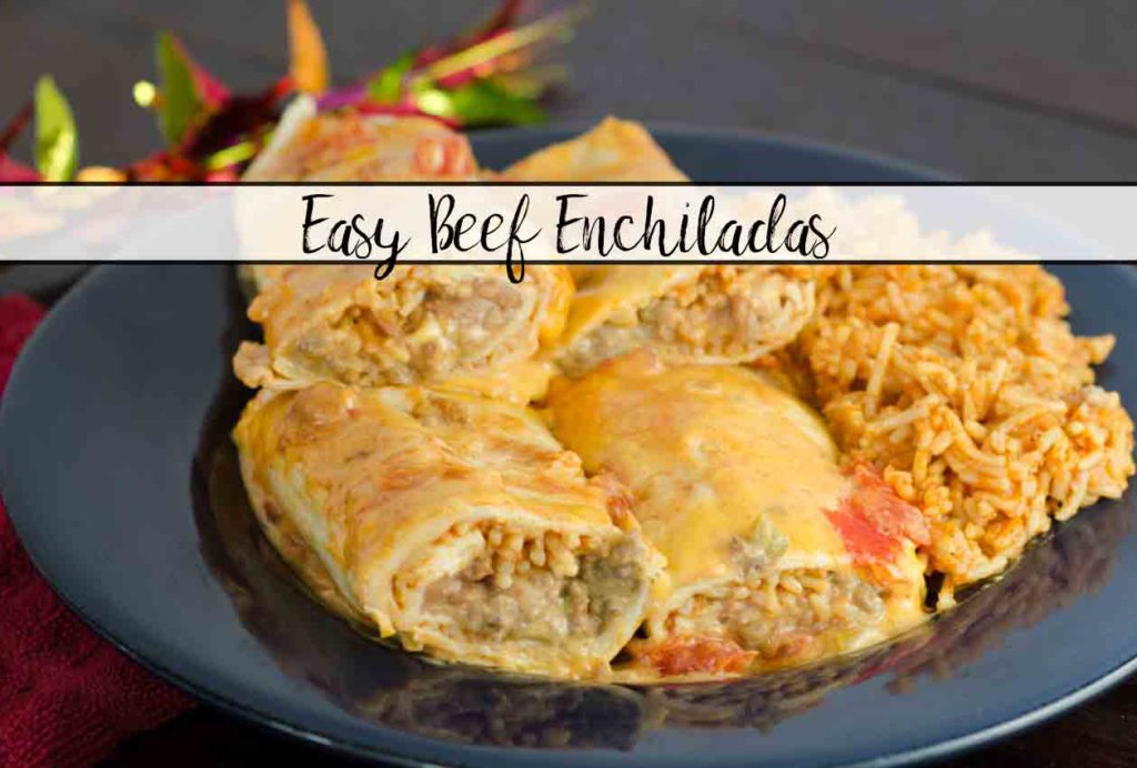 Easy Beef and Rice Enchiladas. Delicious enchiladas stuffed with cheese, beef, Spanish rice, refried beans, green chilis, and spices.