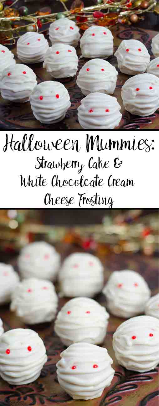 Halloween Mummies_pin2 Delicious Halloween Mummies. Fabulous looking strawberry cake and white chocolate cream cheese frosting! Easy to decorate, step-by-step pictures.