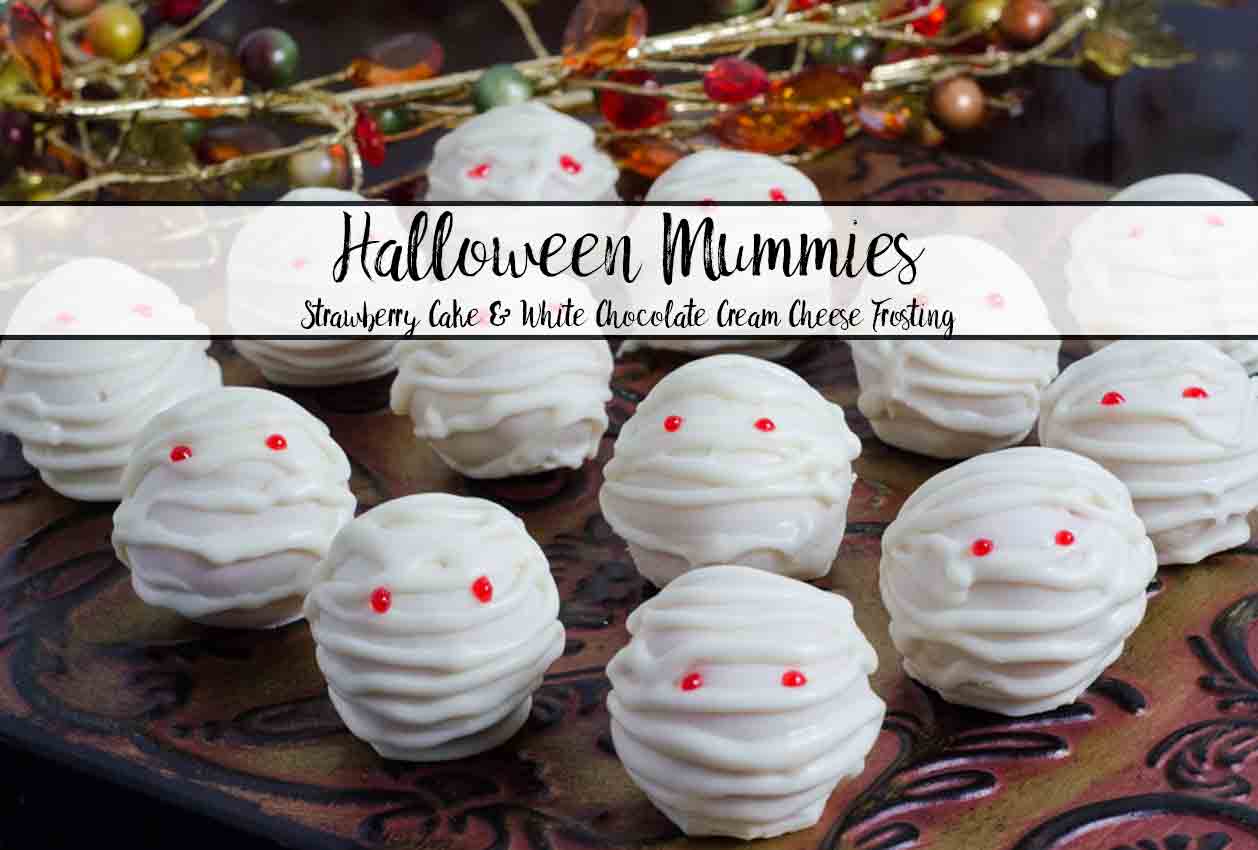 Halloween Mummies: Strawberry Cake Bites with White Chocolate Cream Cheese Frosting