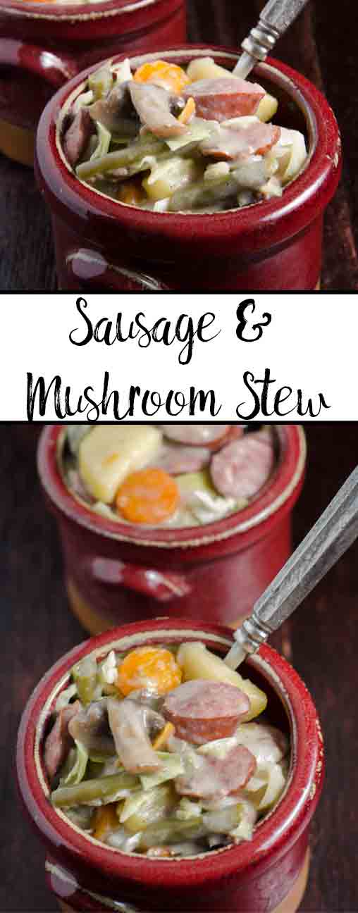 Easy One-Pot Sausage and Mushroom Stew: smoked kielbasa, mushrooms, potatoes, and veggies combine to make a hearty delicious dish.