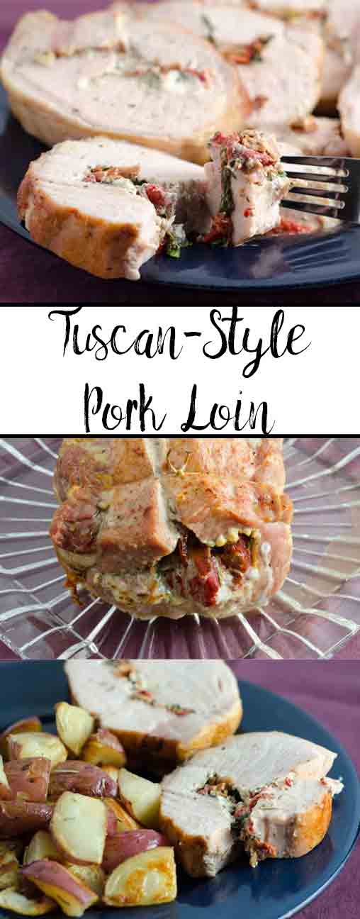Tuscan-Style Pork Loin: tender, moist, & flavorful. Pork stuffed with cream cheese, bacon, pesto, roasted peppers, and more.