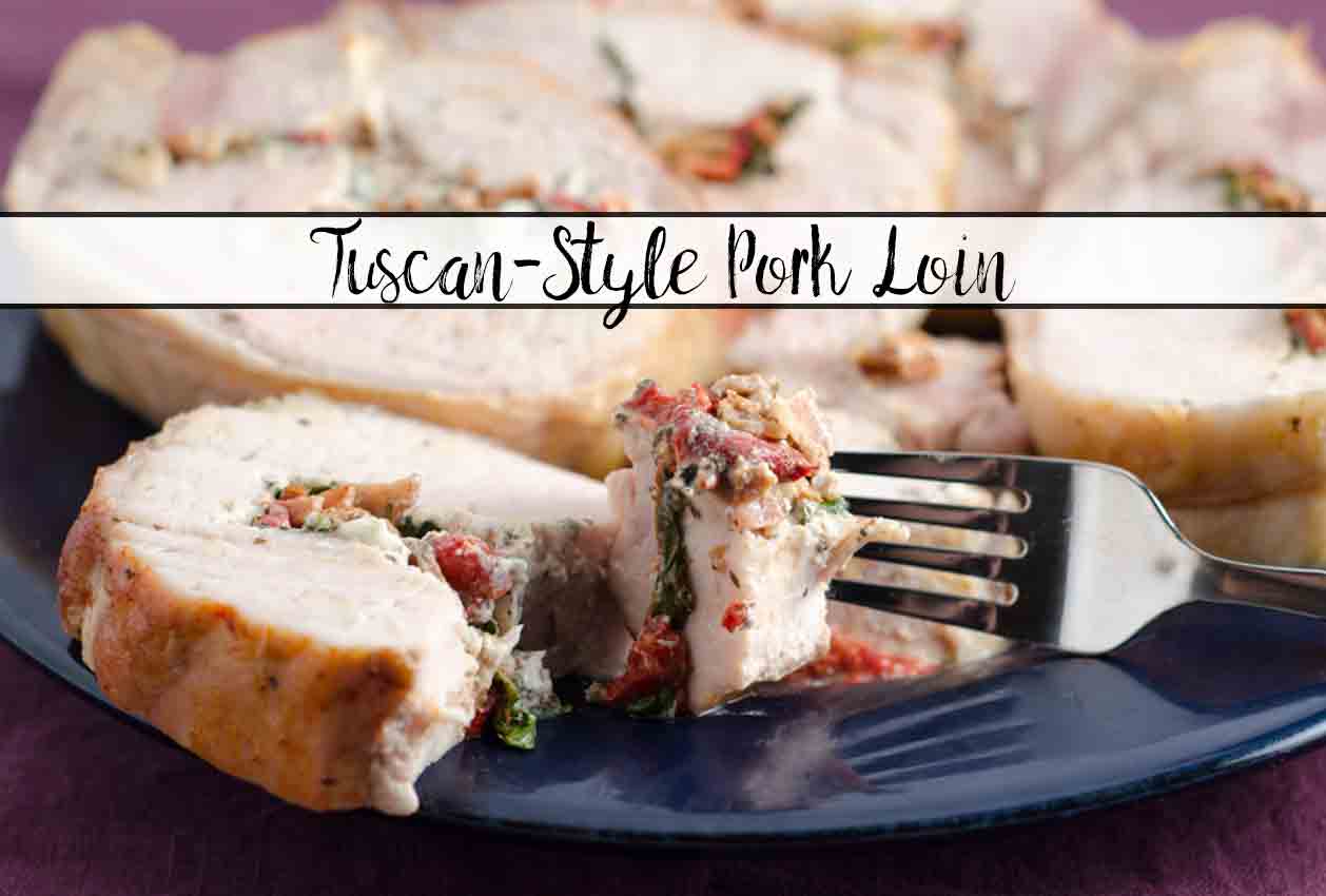 Tuscan-Style Pork Loin: tender, moist, & flavorful. Pork stuffed with cream cheese, bacon, pesto, roasted peppers, and more.