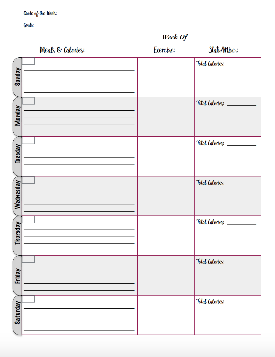 Printable Weekly Calorie Chart