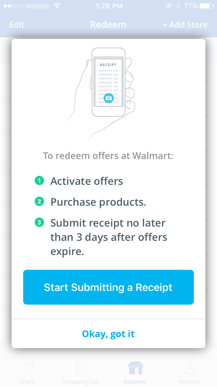 Click on "redeem" after you're purchased your items. Click on "start submitting receipt" to get your money back.