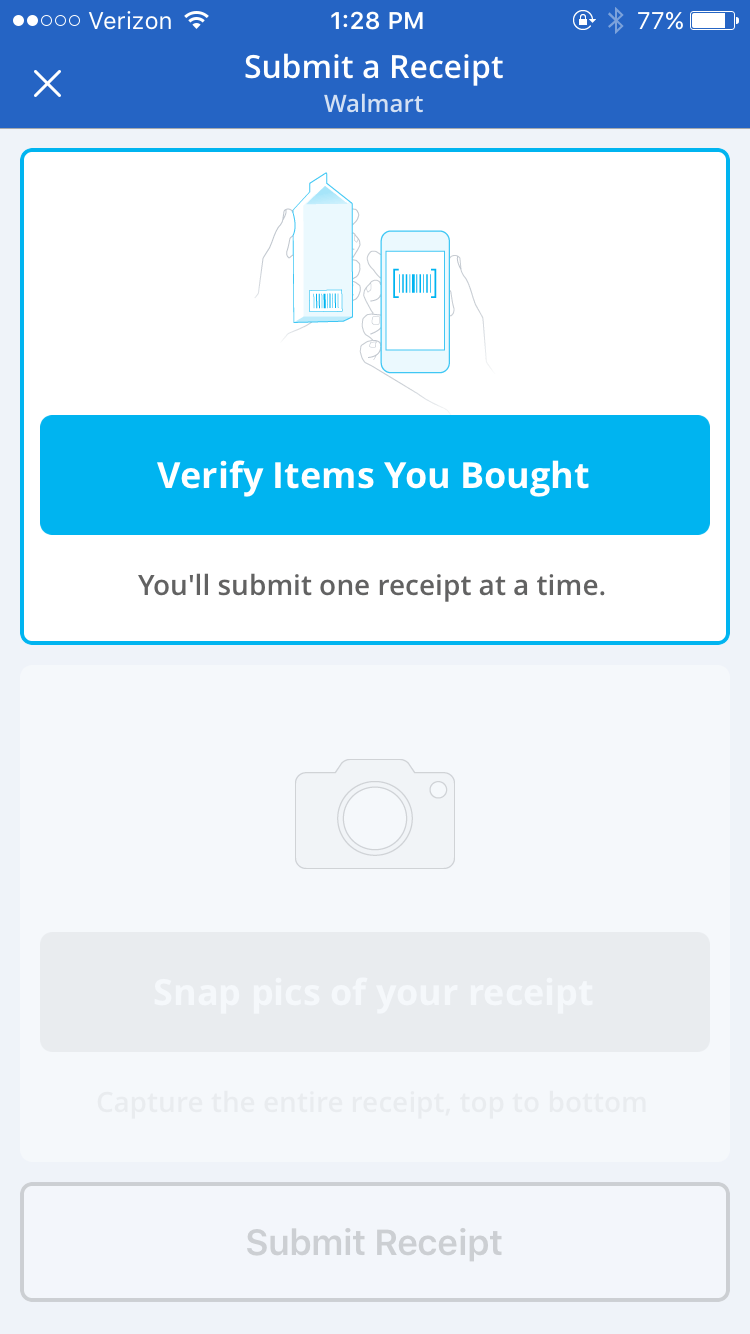 You'll scan barcodes to verify the products (if you scanned in stores it sometimes already shows as scanned, saving a step.). Then you'll photograph receipt.