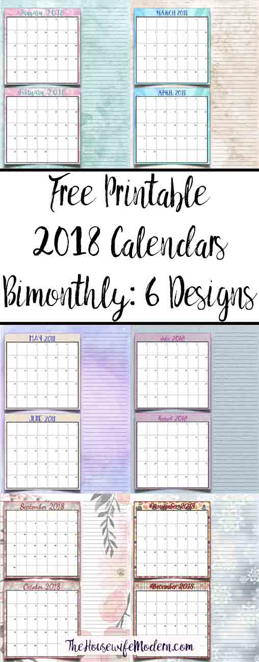 Free Printable 2018 Bimonthly Calendars: 6 Designs! These free printable 2018 calendars are great for in planners, hanging, and more!