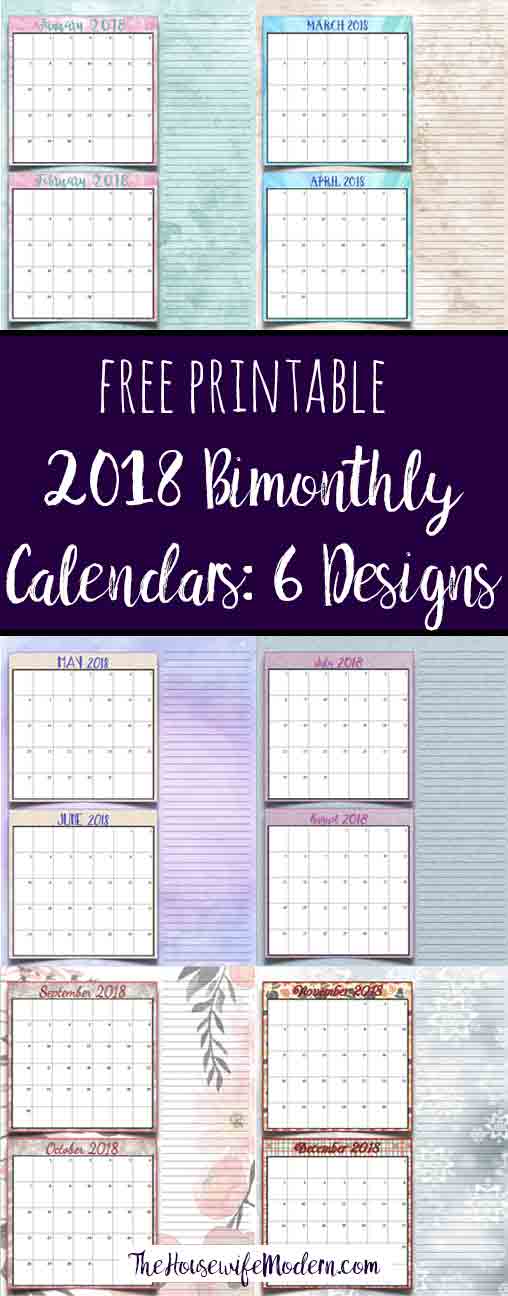 Free Printable 2018 Bimonthly Calendars: 6 Designs! These free printable 2018 calendars are great for in planners, hanging, and more!