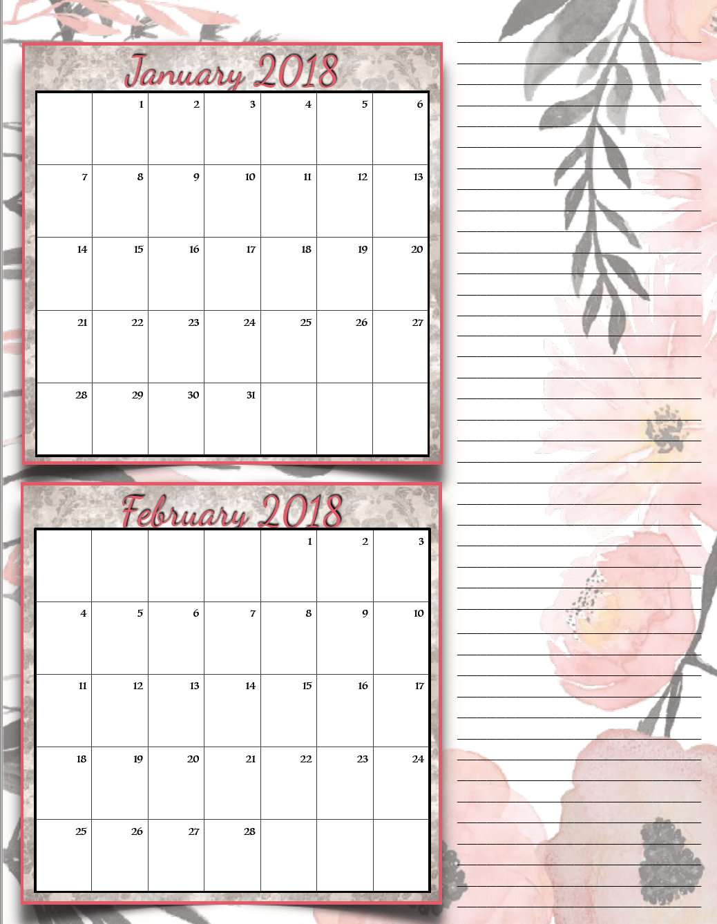 Free Printable 2018 Bimonthly Calendars: 6 Designs! These free printable 2018 calendars are great for in planners, hanging, and more!