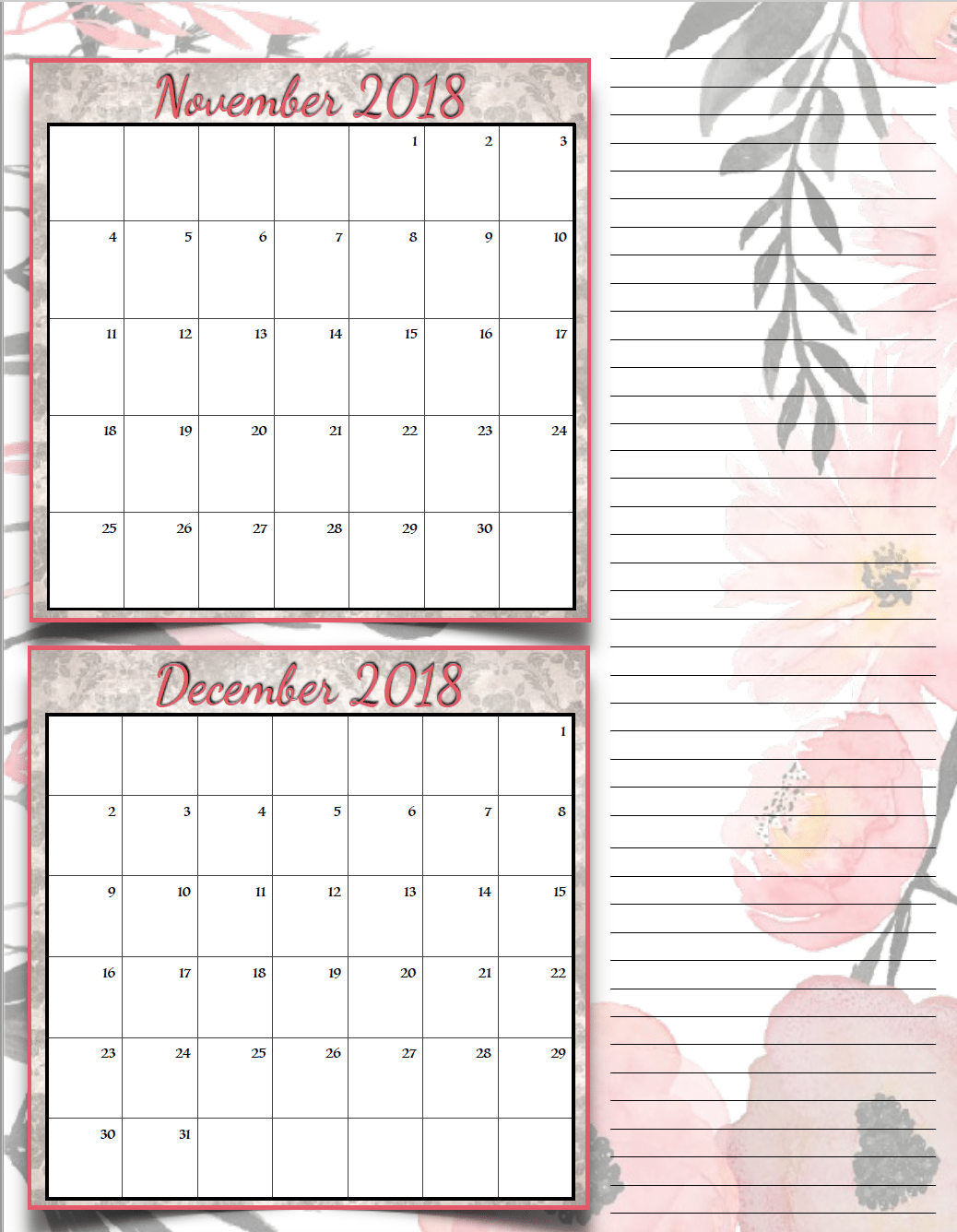 Free Printable 2018 Bimonthly Calendars: 6 Designs! These free printable 2018 calendars are great for in planners, hanging, and more!