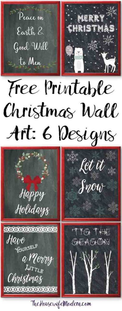 Free Printable Christmas Chalkboard Wall Art: 6 Designs. Use for wall decor, in planners, or to decorate for the holidays!