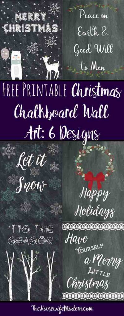 Free Printable Christmas Chalkboard Wall Art: 6 Designs. Use for wall decor, in planners, or to decorate for the holidays!