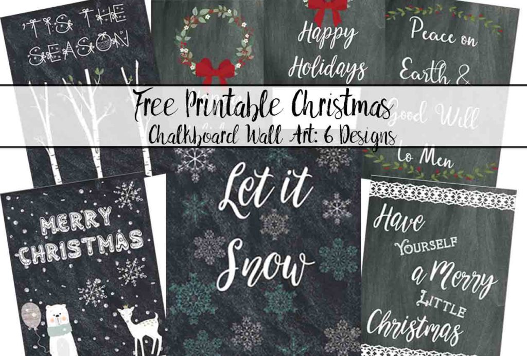 Free Printable Christmas Chalkboard Wall Art: 6 Designs. Use for wall decor, in planners, or to decorate for the holidays!