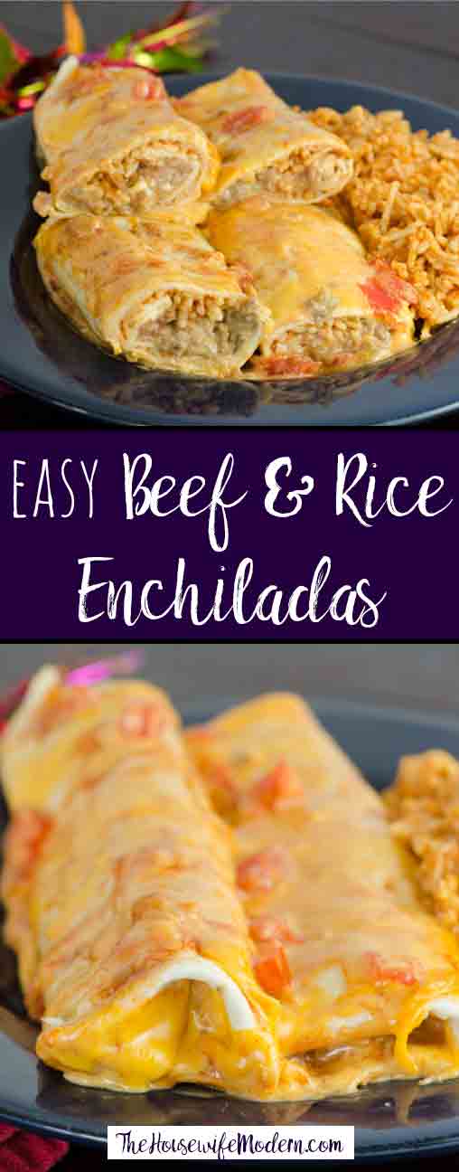 Easy Beef and Rice Enchiladas. Delicious enchiladas stuffed with cheese, beef, Spanish rice, refried beans, green chilis, and spices.