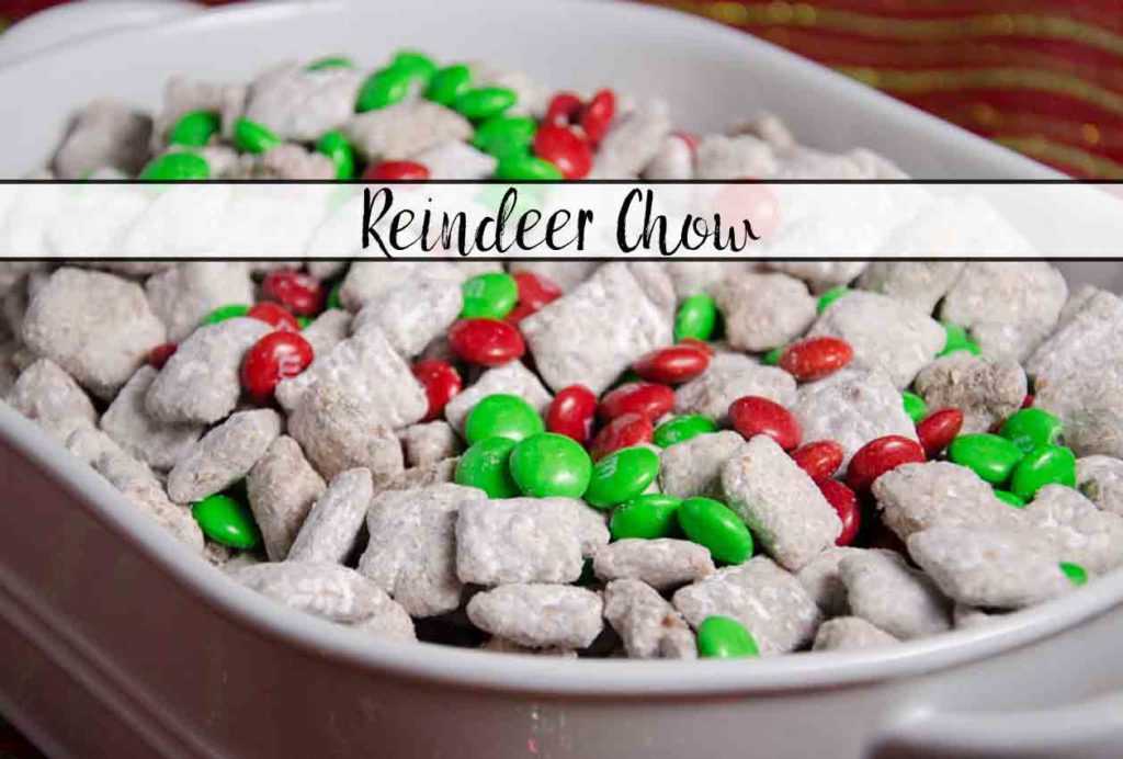 Featured image for reindeer chow. White dish full of reindeer chow with text overlay.