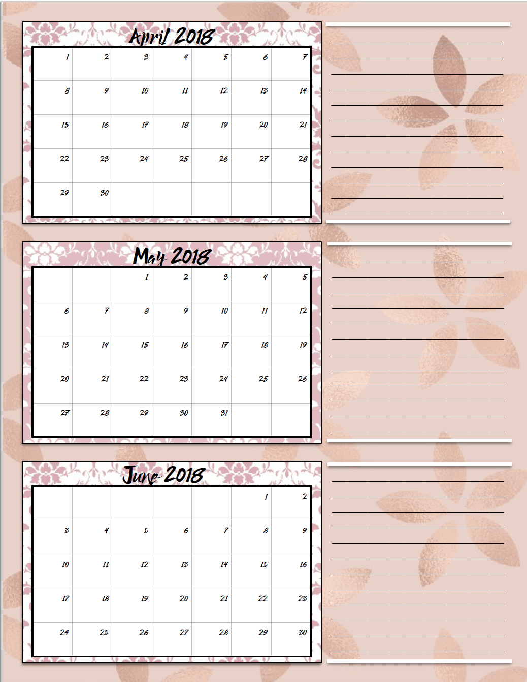 2018 quarterly calendar