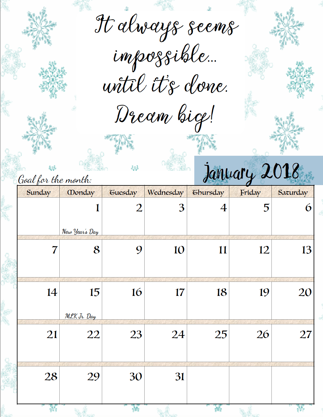 free printable 2018 monthly