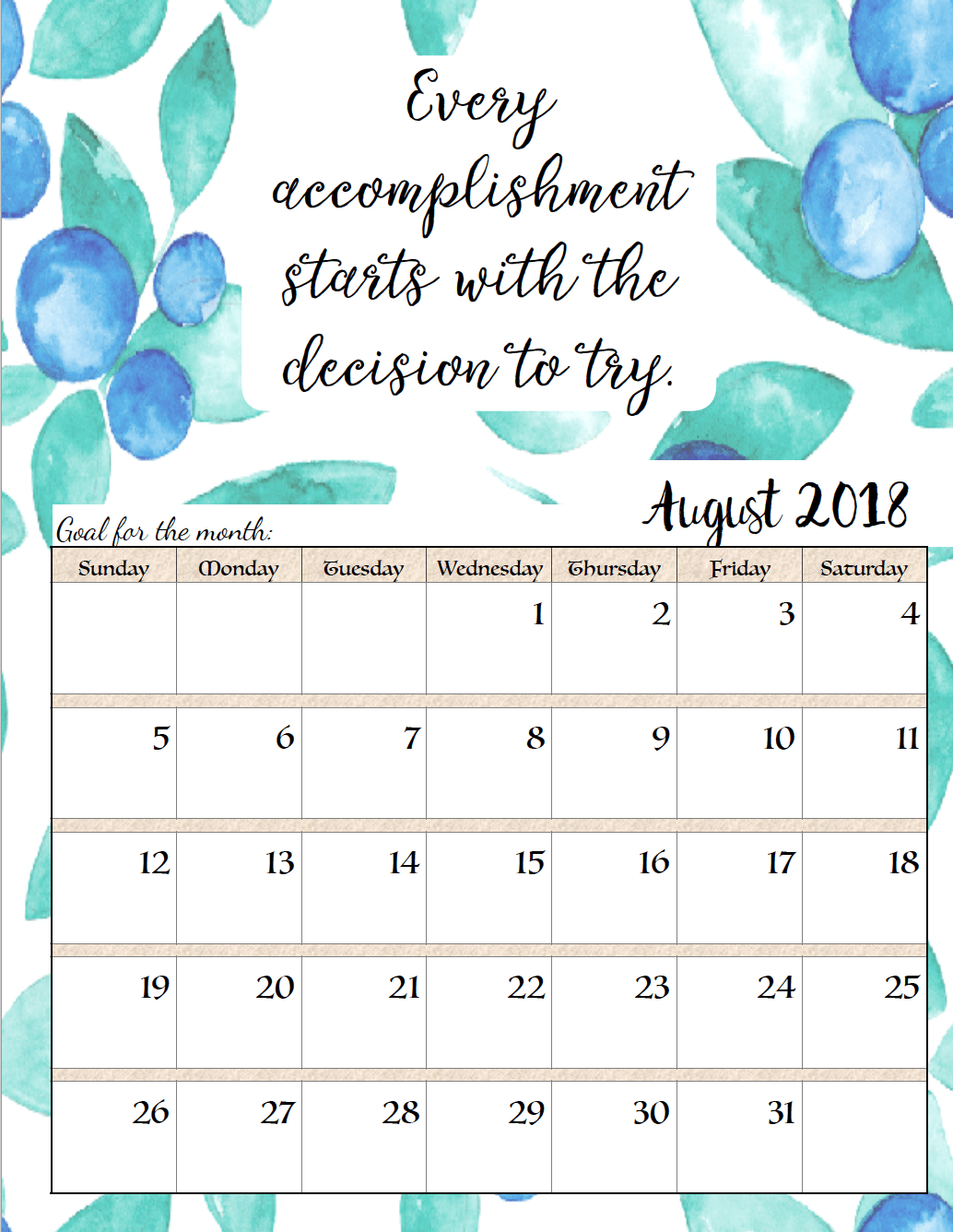 Free Printable 2018 Monthly Motivational Calendars