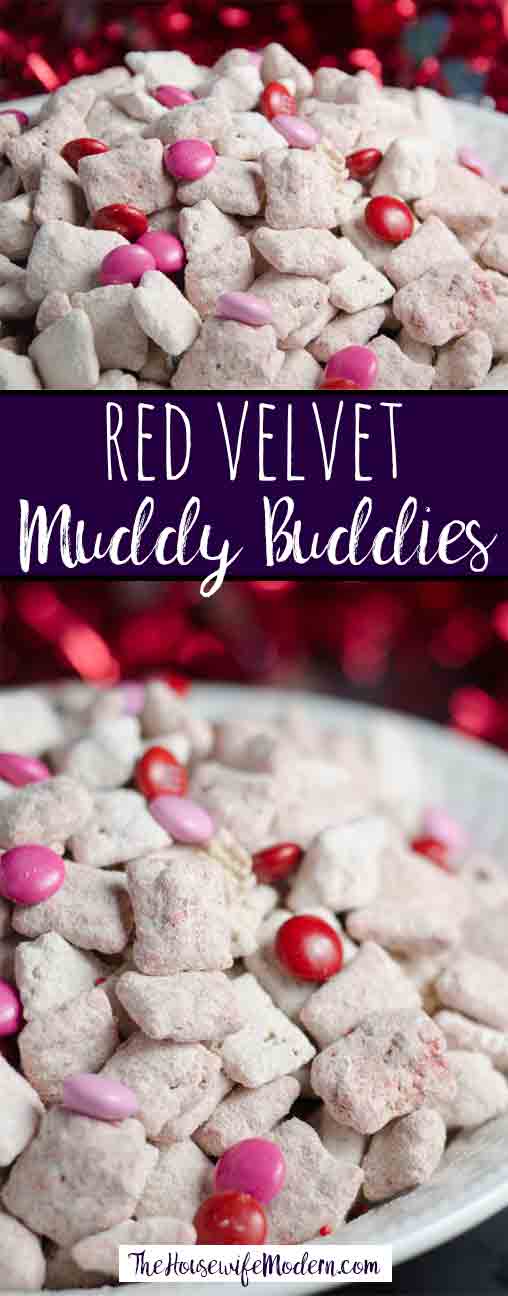 Red Velvet Muddy Buddies_pin2 Red Velvet Muddy Buddies. Easy twist on a classic favorite. Delicious Red Velvet Puppy Chow is a great gift year-round…but especially for Valentine’s Day.