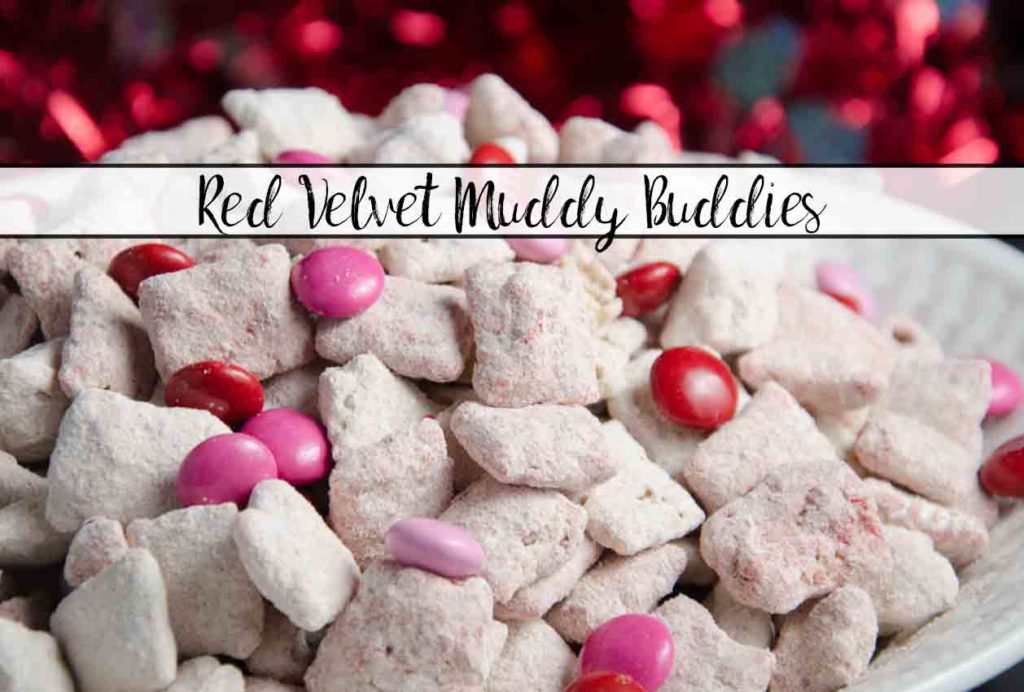 Red Velvet Muddy Buddies. Easy twist on a classic favorite. Delicious Red Velvet Puppy Chow is a great gift year-round…but especially for Valentine’s Day.