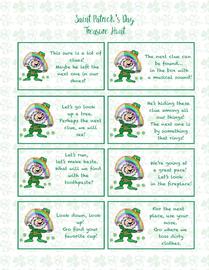 Free printable St. Patrick’s Day Treasure Hunt. This treasure hunt for kids is a great activity. A leprechaun has left clues that they need to follow to get to the treasure!