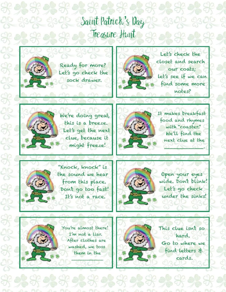 Free printable St. Patrick’s Day Treasure Hunt. This treasure hunt for kids is a great activity. A leprechaun has left clues that they need to follow to get to the treasure! #stpatrick #stpatricks #treasurehunt #treasure #stpats