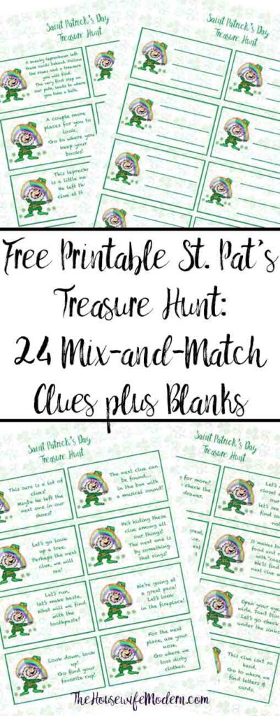 Free printable St. Patrick’s Day Treasure Hunt. This treasure hunt for kids is a great activity. A leprechaun has left clues that they need to follow to get to the treasure! #stpatrick #stpatricks #treasurehunt #treasure #stpats #free #freeprintable