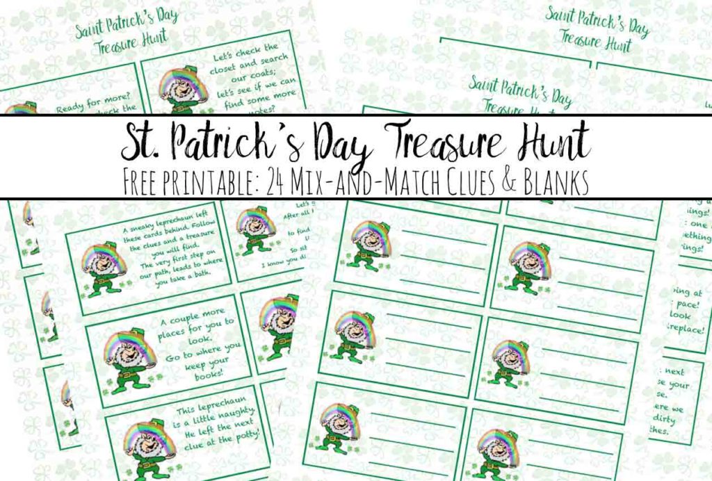 Free printable St. Patrick’s Day Treasure Hunt. This treasure hunt for kids is a great activity. A leprechaun has left clues that they need to follow to get to the treasure!