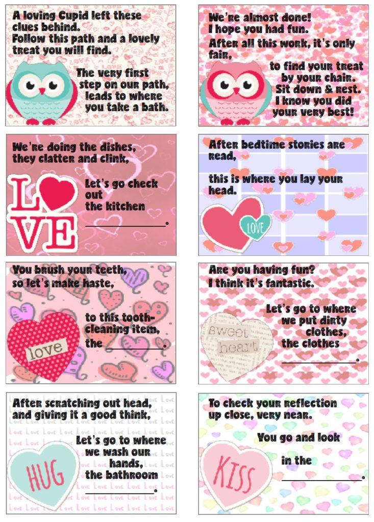 Free Printable Valentine's Day Treasure Hunt: 24 Mix-and-Match Clues plus Blanks. Easy, fun Valentine's Day Scavenger Hunt for the kids! Valentine's Day Activity.