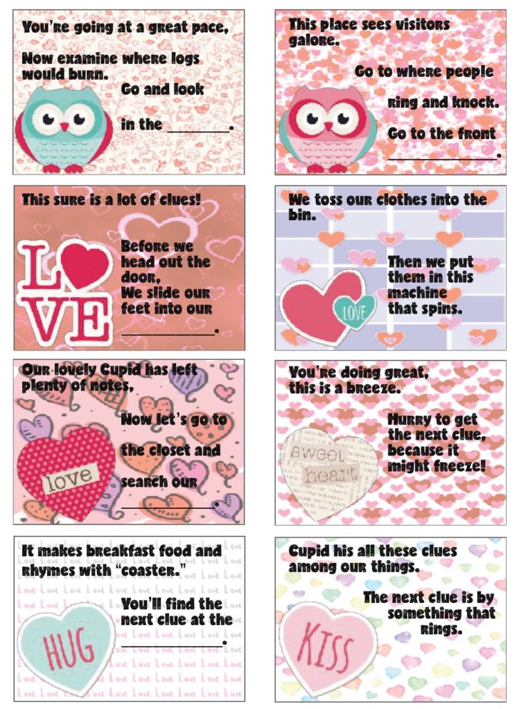 Free Printable Valentine's Day Treasure Hunt: 24 Mix-and-Match Clues plus Blanks. Easy, fun Valentine's Day Scavenger Hunt for the kids! Valentine's Day Activity.