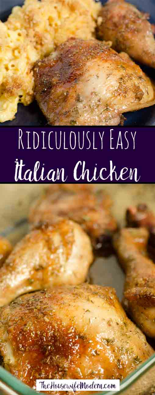 Italian Chicken: this dish is ridiculously easy. Only 3 ingredients and it bakes in the oven. Simple, delicious way to dress up chicken. #chicken #easydinner #bakedchicken #dinner