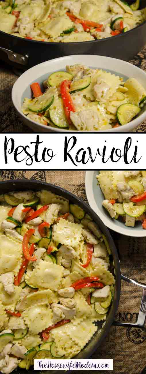 Pesto Ravioli with Chicken. Delicious and quick. Amazingly easy dish featuring ravioli, chicken, zucchini, red peppers tossed in delicious pesto.