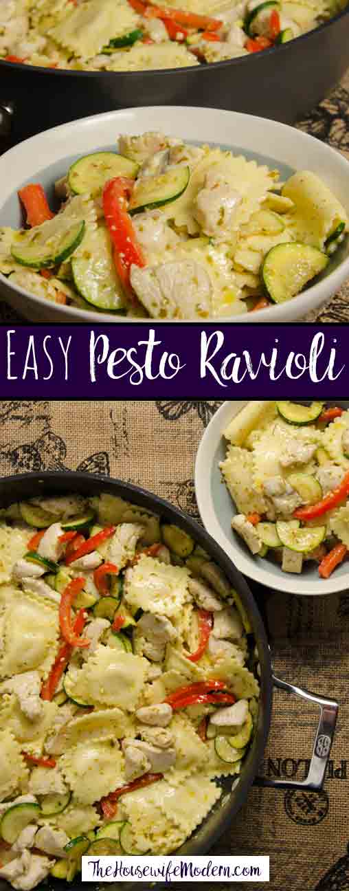 Pesto Ravioli with Chicken. Delicious and quick. Amazingly easy dish featuring ravioli, chicken, zucchini, red peppers tossed in delicious pesto.