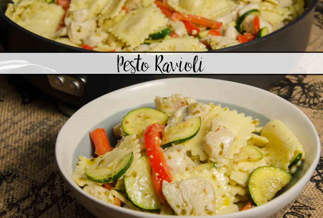Pesto Ravioli with Chicken. Delicious and quick. Amazingly easy dish featuring ravioli, chicken, zucchini, red peppers tossed in delicious pesto.