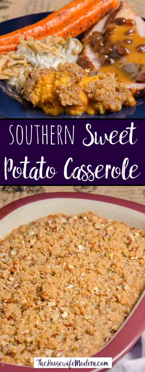 Southern Sweet Potato Casserole. Delicious. Sweet potatoes whipped with sugar, butter, and vanilla, covered with buttery, sugary, crunchy pecan topping.