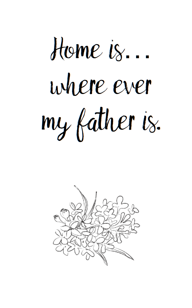 Free printable Father's Day card to color. House, flowers, bird, and hot air balloon.